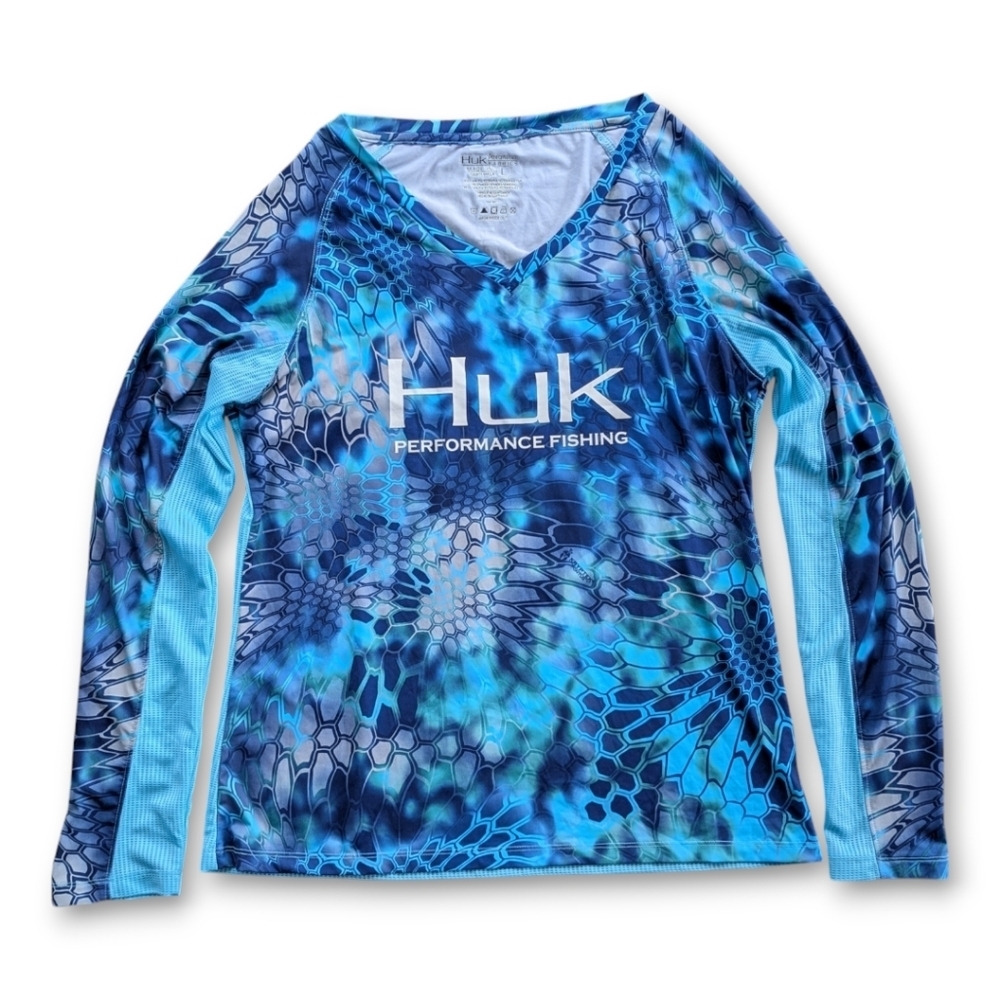 Huk Kryptek Pontus Performance Fishing Long Sleeve Shirt V-neck‎ Women's Sz L - Picture 2 of 8
